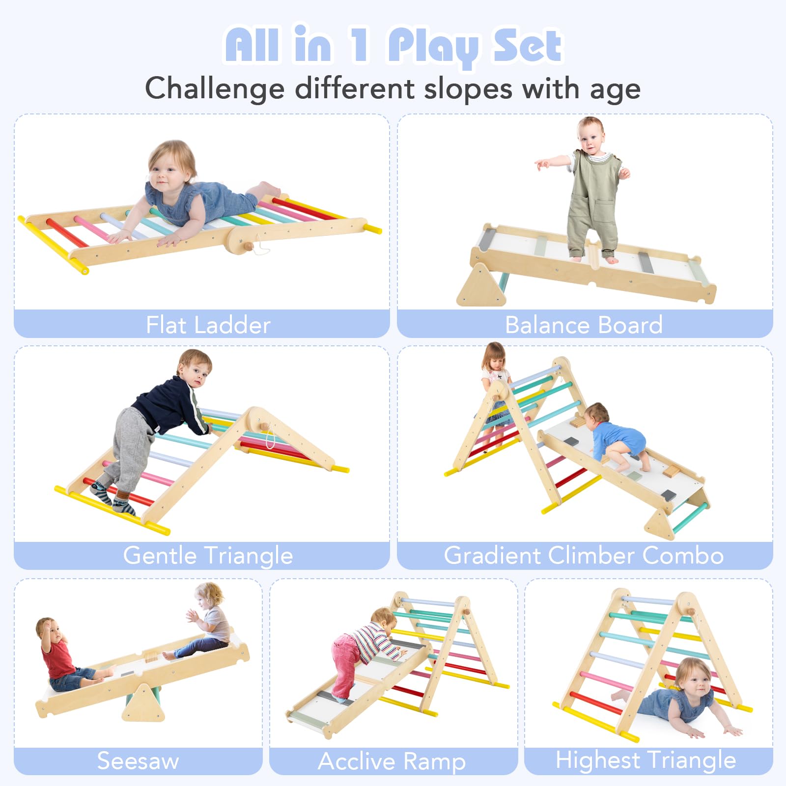 INFANS Pikler Triangle Set 7 in 1 Climbing Toys for Toddlers Foldable Baby Wood Montessori Jungle Gym