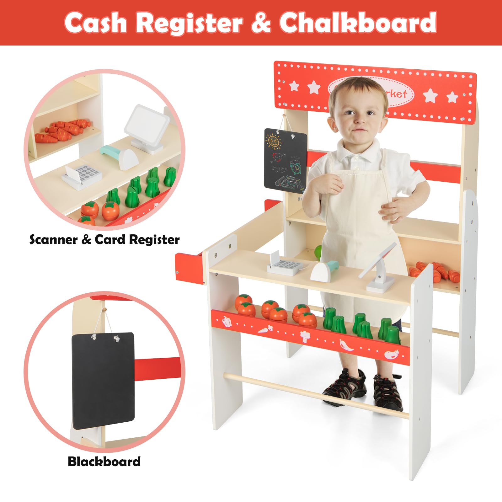INFANS Grocery Store Marketplace Toy, Kids Wooden Market Stand Pretend Play Set