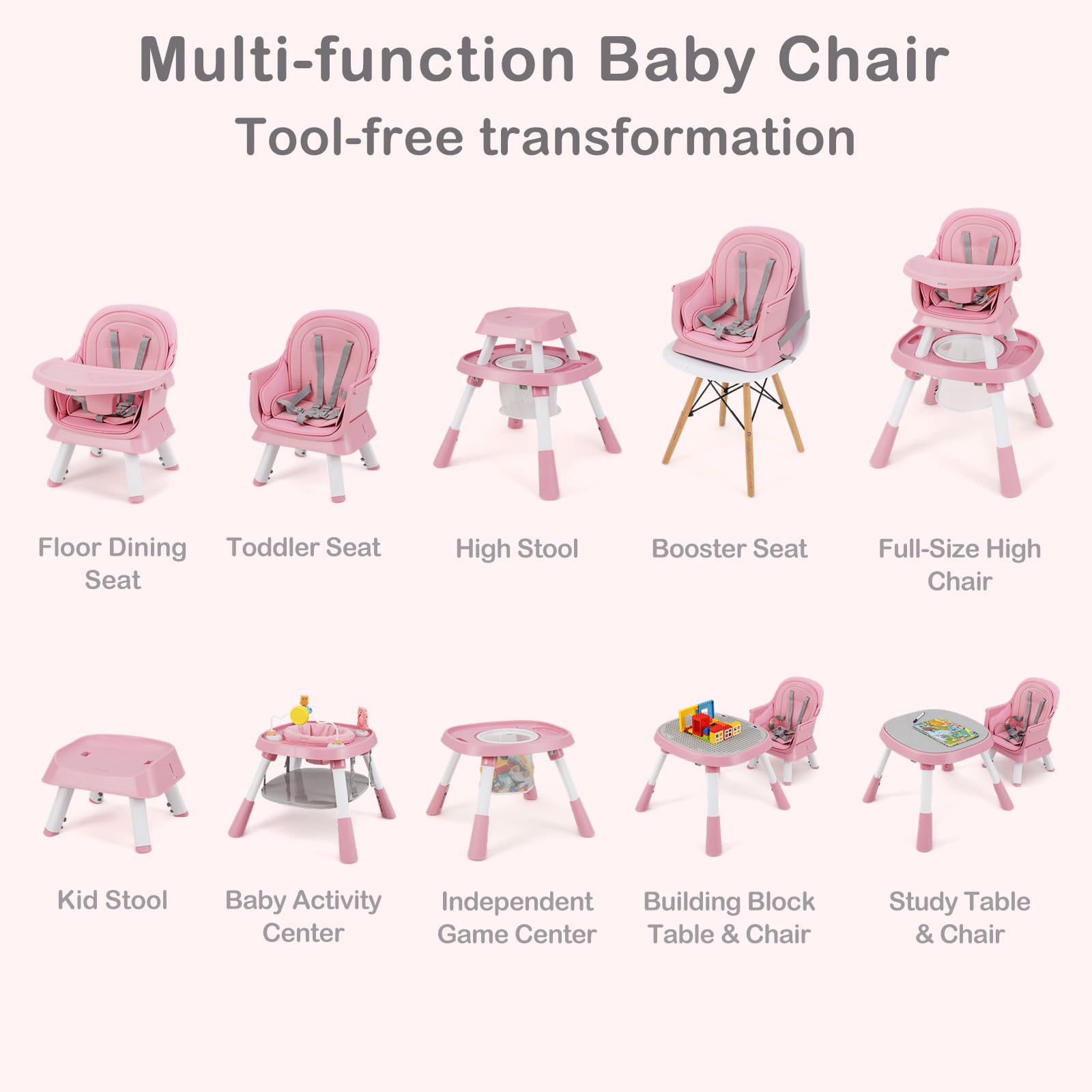 INFANS 9 in 1 High Chair, Convertible Baby Highchair, Table and Chair Set Building Block Infant Dining Booster Seat