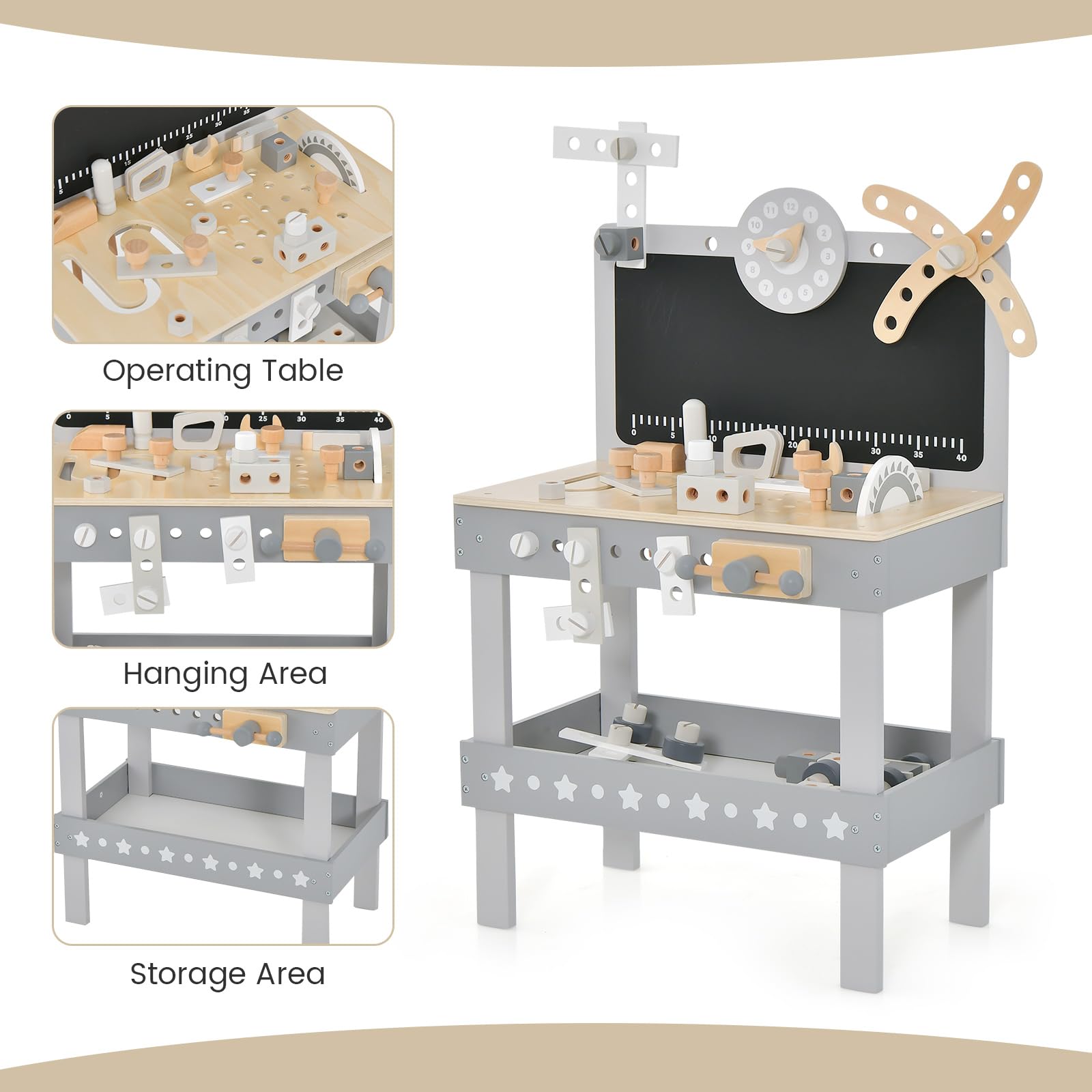 INFANS Tool Bench Set for Toddlers, Kids Wooden Workbench with Blackboard Construction Building Tools and 62 Accessories