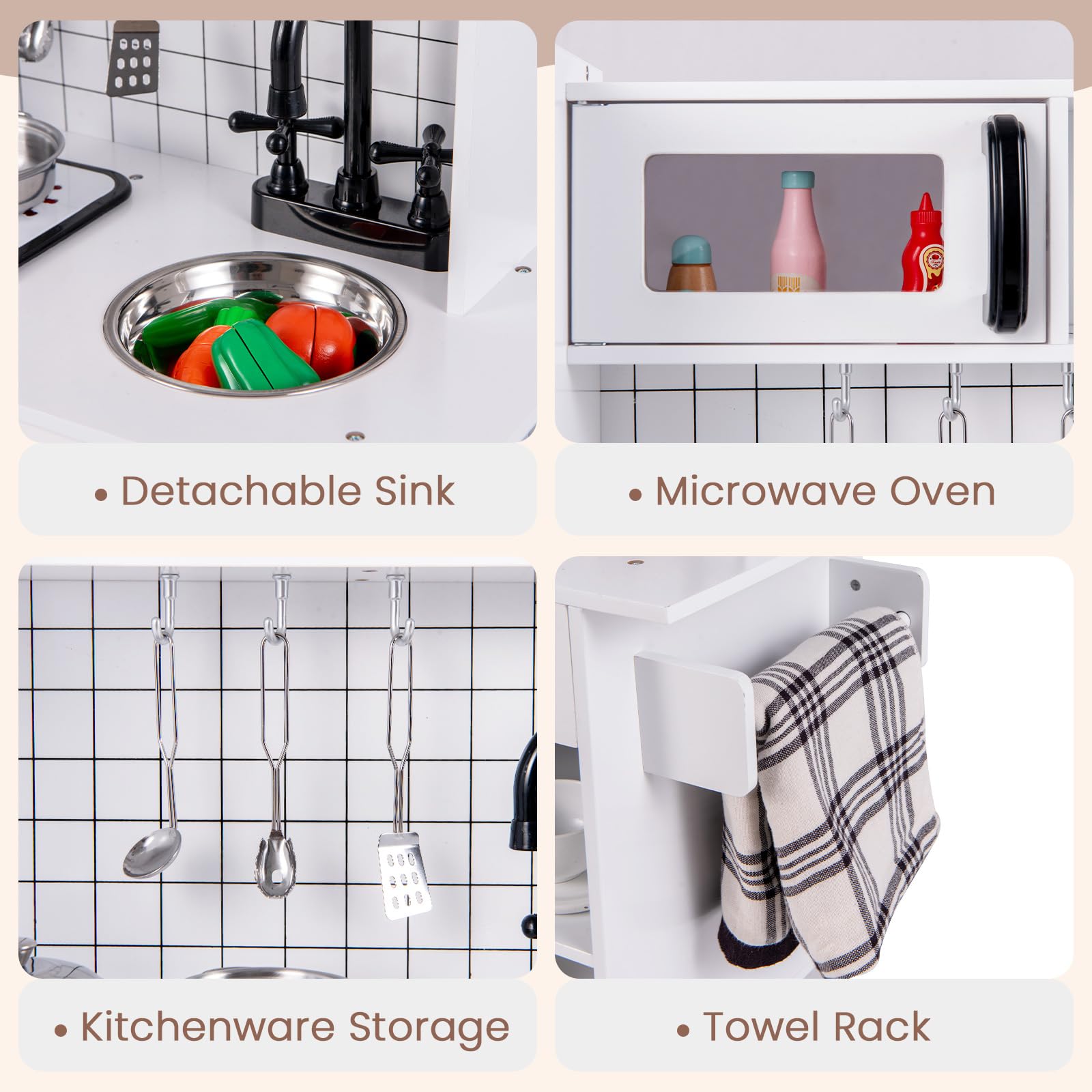 INFANS Play Kitchen for Kids, Wooden Kids Play Kitchen Playset with Realistic Light & Sounds, Children Pretend Cooking Toy Set