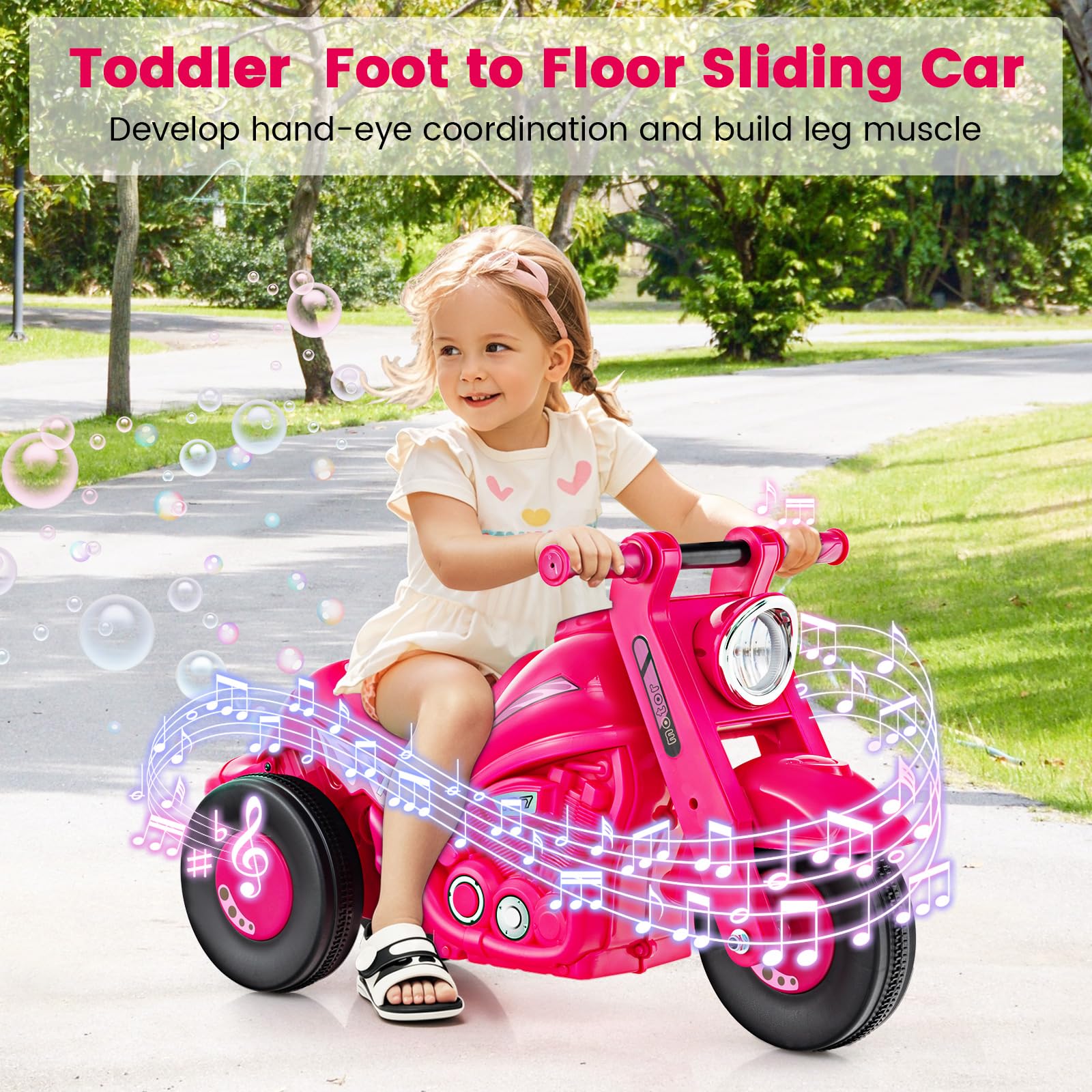 INFANS Ride on Push Car, Foot-to-Floor Sliding Car for Toddlers Kids Motorcycle with Bubble Maker, 3 Wheels Ride on Toys