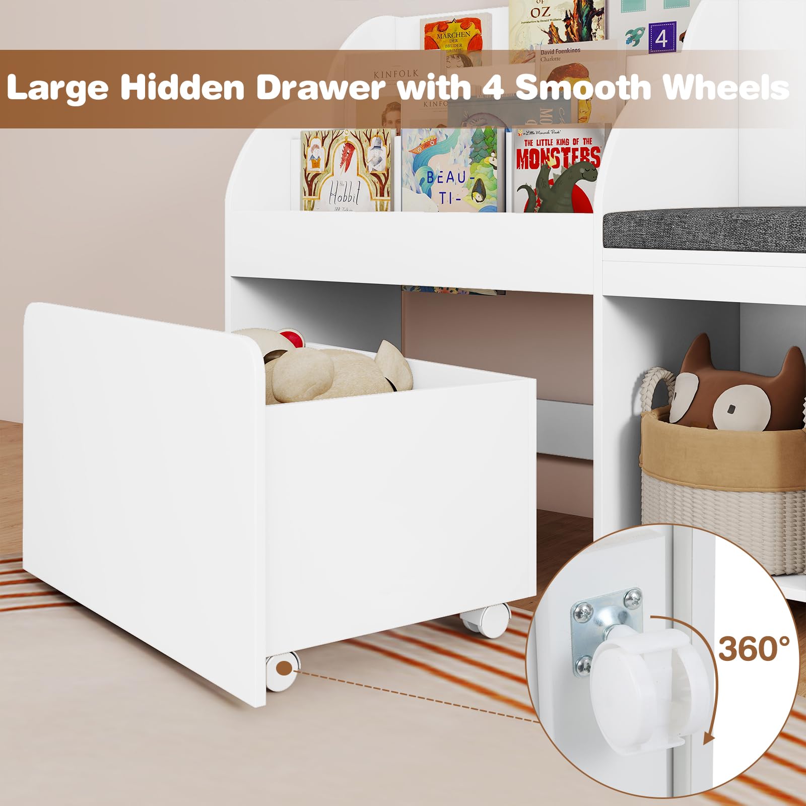 Kids Bookshelf Toy Storage Organizer with Reading Nook Seat Cushion