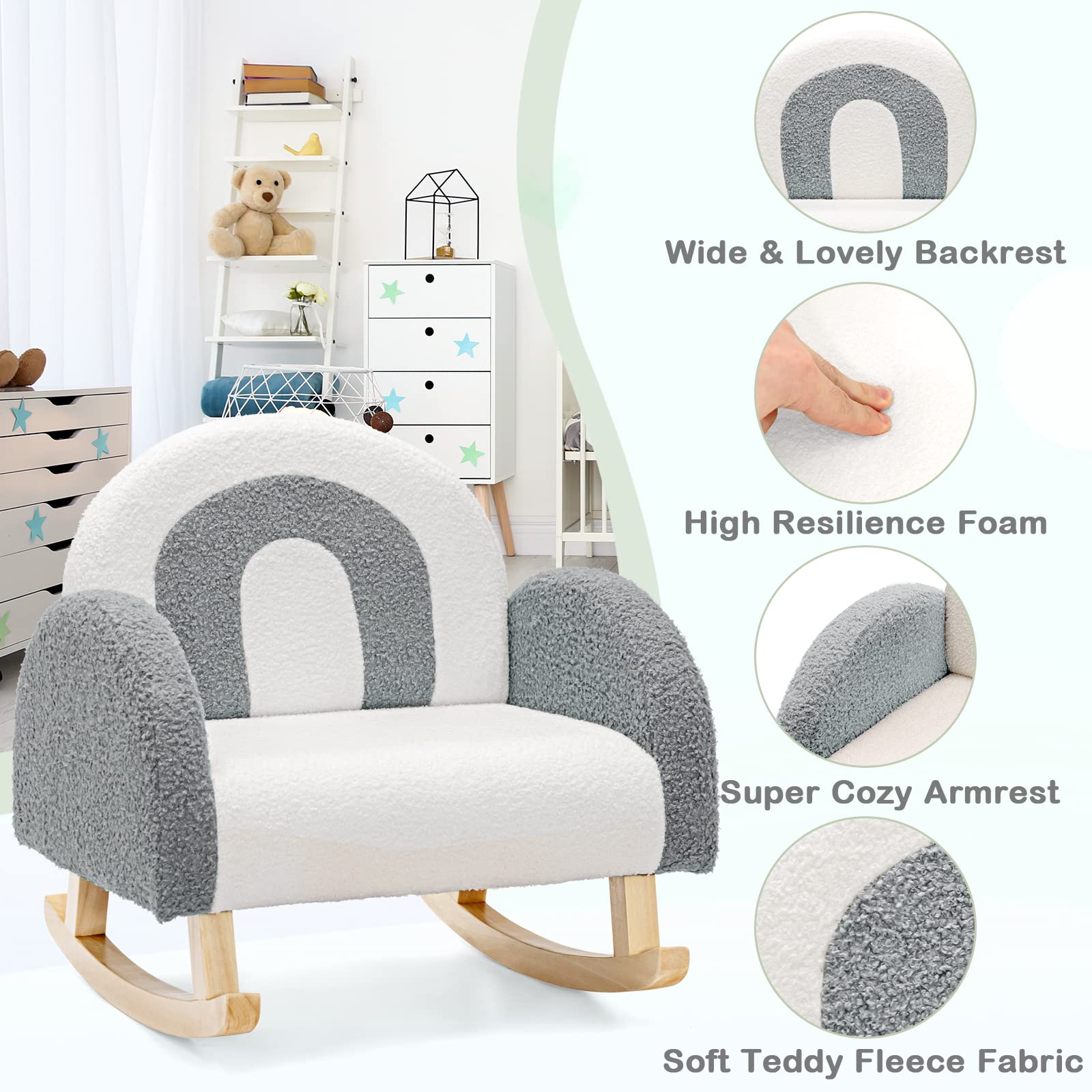 INFANS Kids Sofa, Toddler Rocking Chair with Solid Wooden Frame, Anti-Tipping Design, Plush Fabric, Children Armchair INFANS