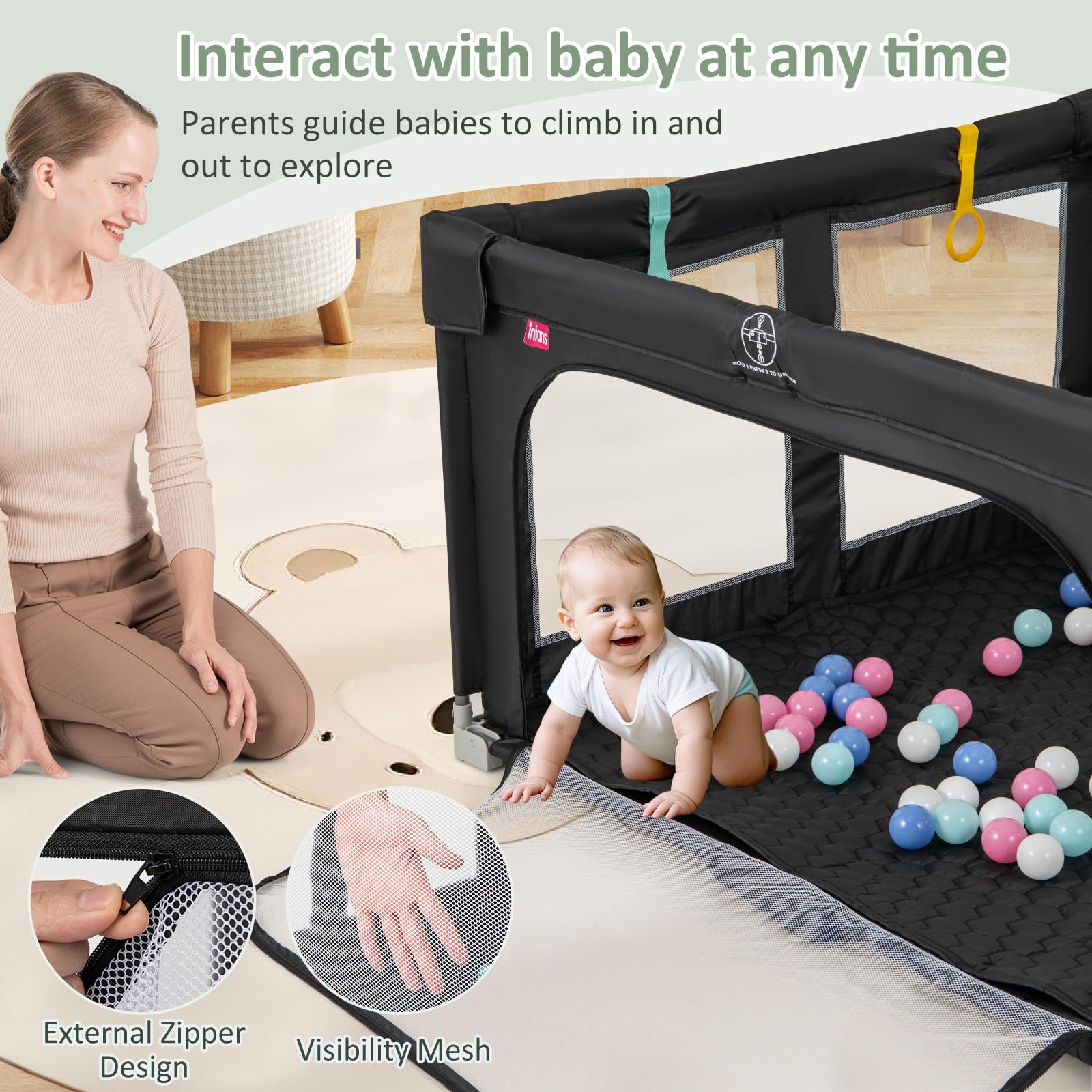 INFANS Foldable Baby Playpen with Mat, Large Baby Play Yard with 50 Ocean Balls, Fence Toddler Activity Center