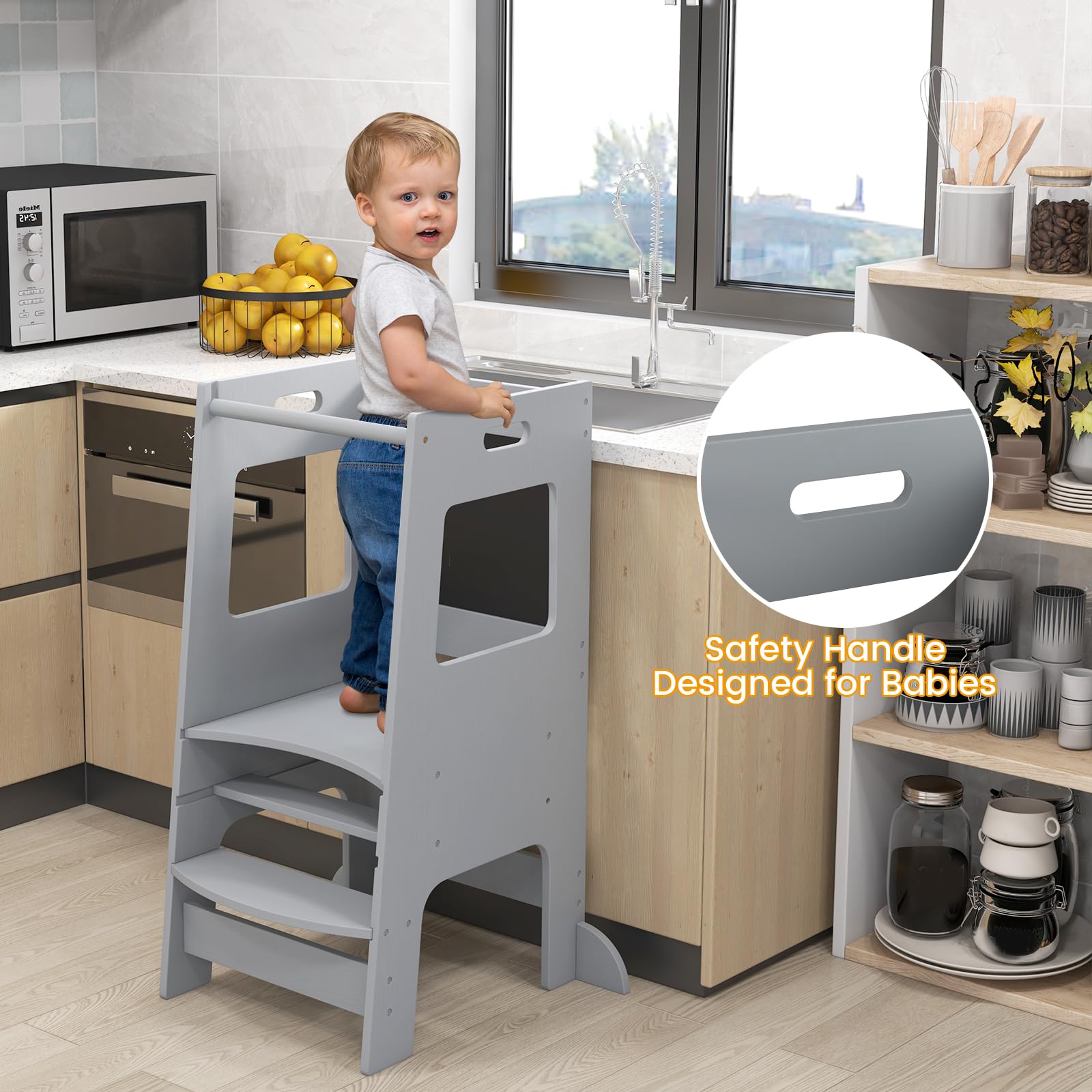 INFANS Toddler Standing Tower, Kids Montessori Kitchen Step Stool Helper with 2 Adjustable Height Learning Blackboard Safety Rail