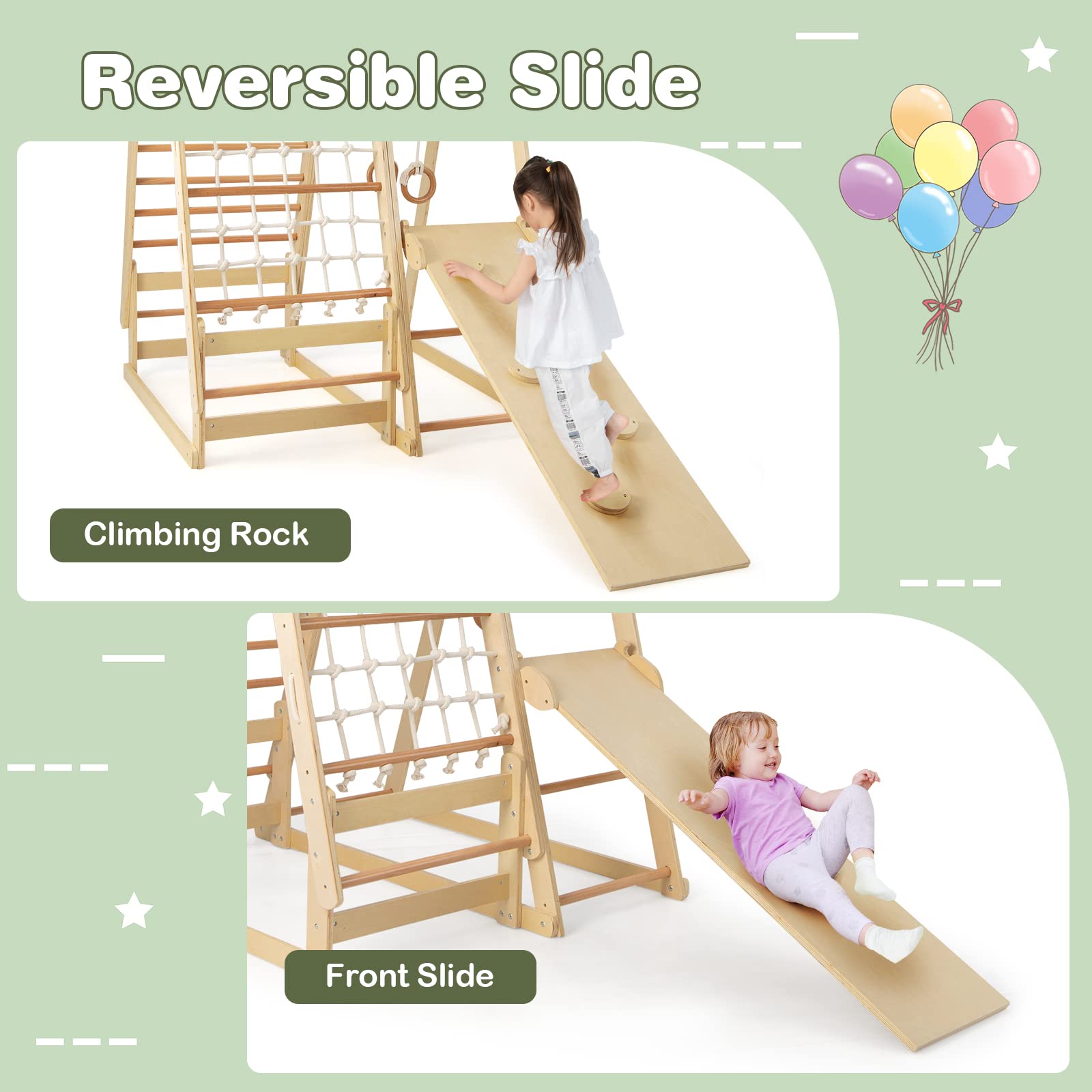 NFANS 7 in 1 Wooden Montessori Climber Playset with Tent Slide Climbing Rock Climbing Net