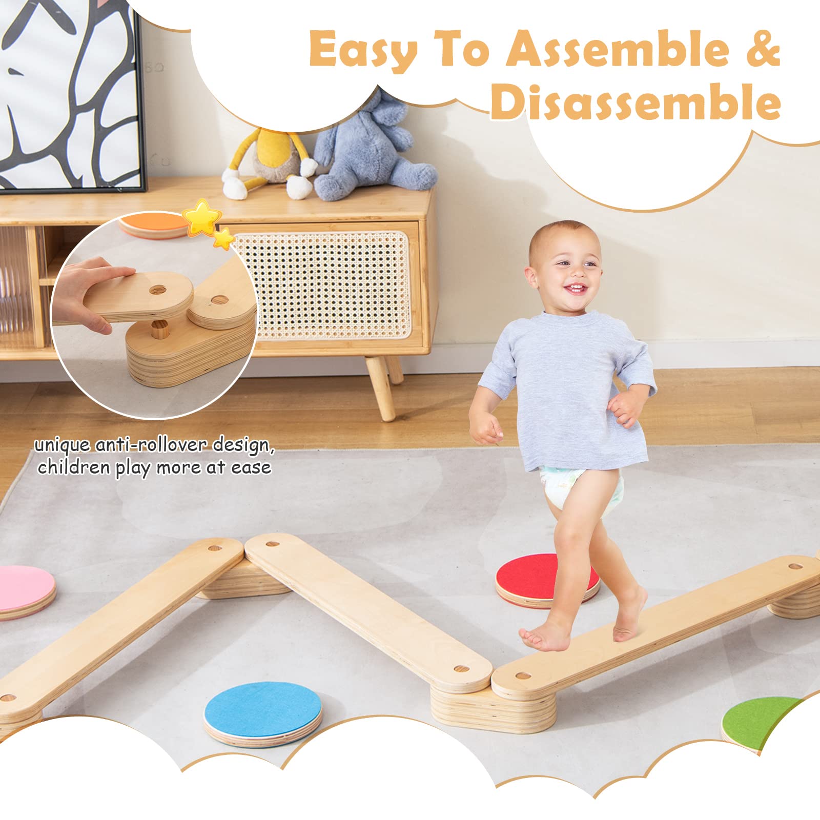 INFANS Montessori Wooden Balance Beam Stepping Stones for Kids, 12 Piece Obstacle Course for Playroom