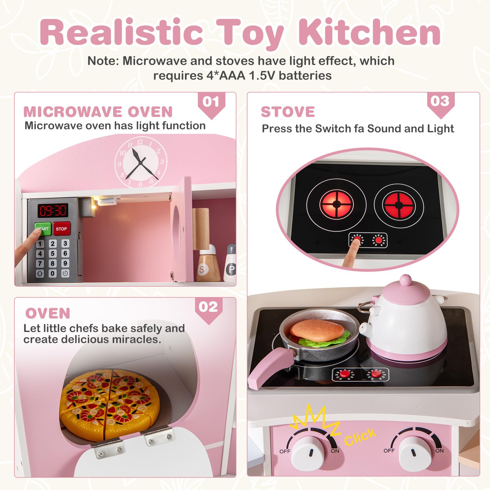 INFANS Corner Kids Kitchen Playset, Toddler Wooden Pretend Cooking Set with Lights Sounds Coffee Machine Washing Machine