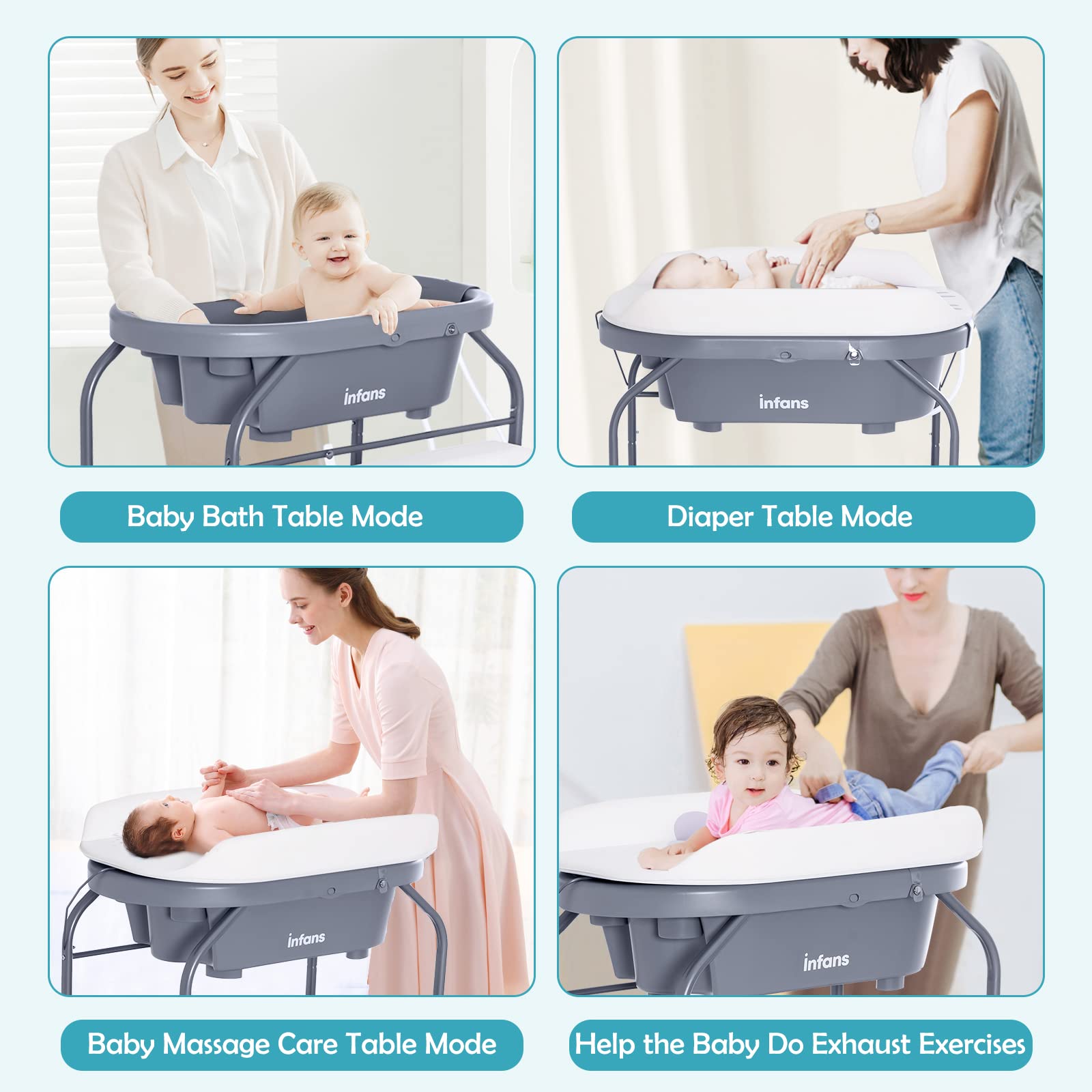 INFANS 2 in 1 Baby Changing Table with Bath Tub Unit, Folding Diaper Dresser Station with Wheels Waterproof Pad