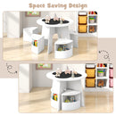 INFANS Toddler Table and Chair Set with 4 Storage Stools, Wooden Flower Shaped Nesting Table with Blackboard Drawers