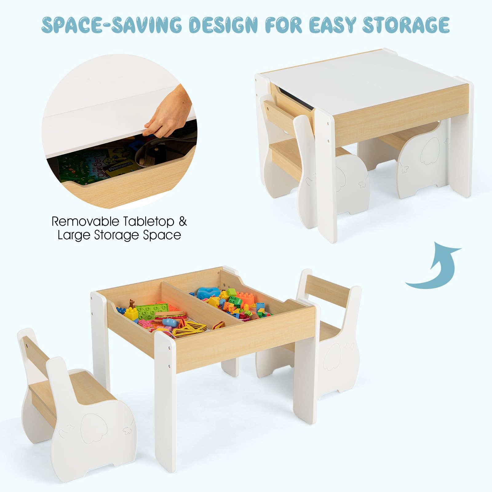 INFANS 3 in 1 Kids Table and Chair Set, Wood Multi Activity Table with Removable Tabletop, Detachable Blackboard
