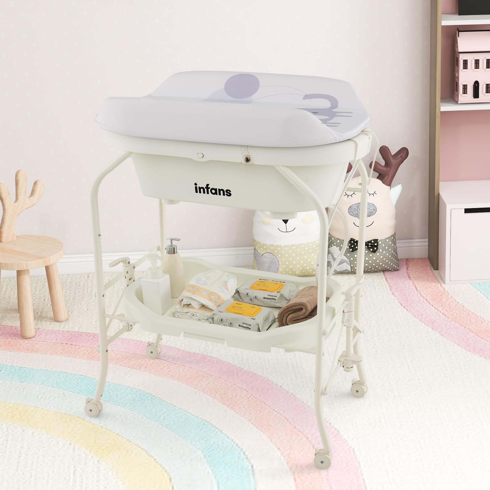 INFANS 2 in 1 Baby Changing Table with Bath Tub Unit, Folding Diaper Dresser Station with Wheels Waterproof Pad