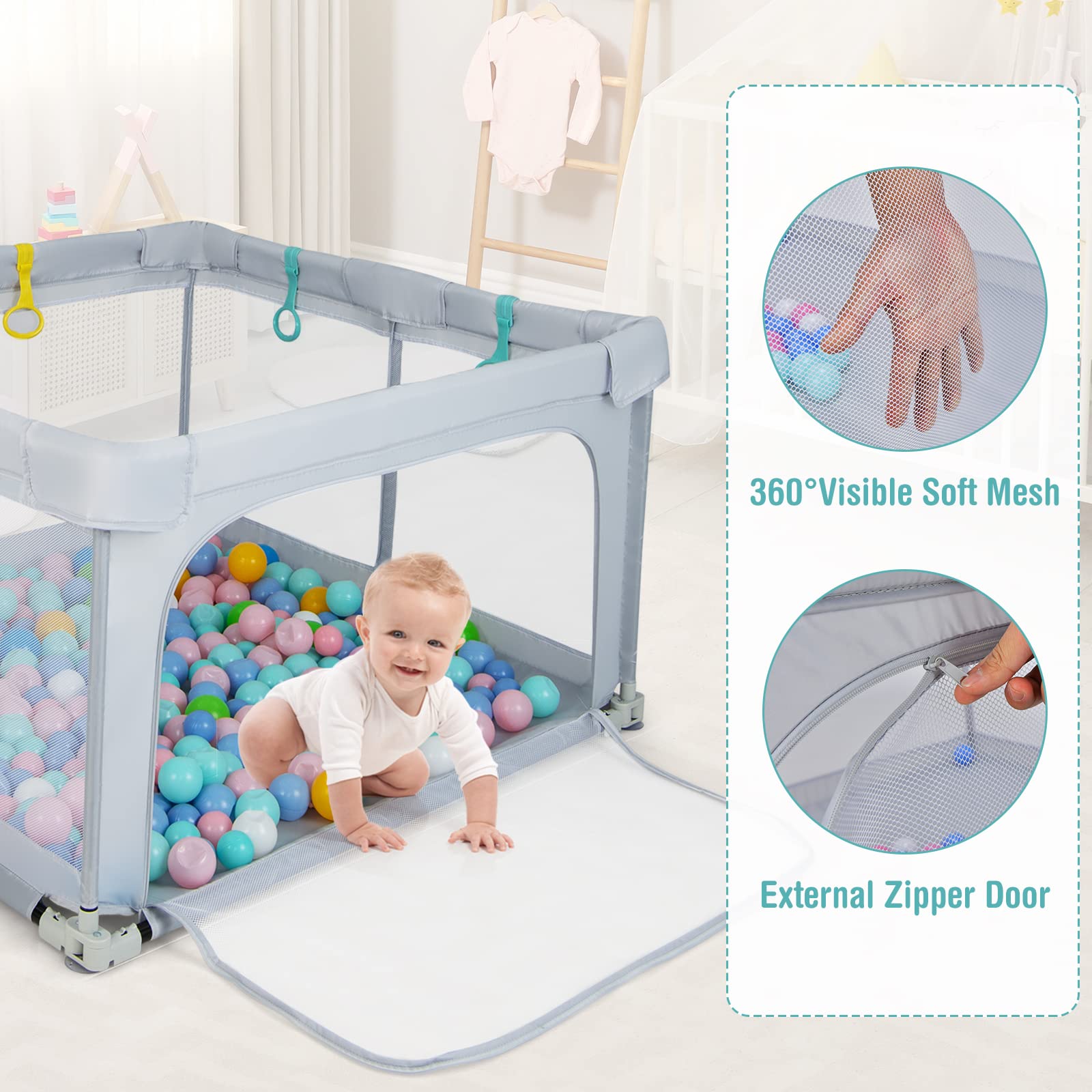 INFANS Baby Playpen, 50’’x50’’ Foldable Large Baby Playard, Indoor Outdoor Kids Activity Center Baby Fence