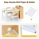 INFANS Kids Table and Chair Set, Toddler Art Craft Play Wood Activity Desk with 2 Chairs 4 Storage Canvas Bins Paper Roll