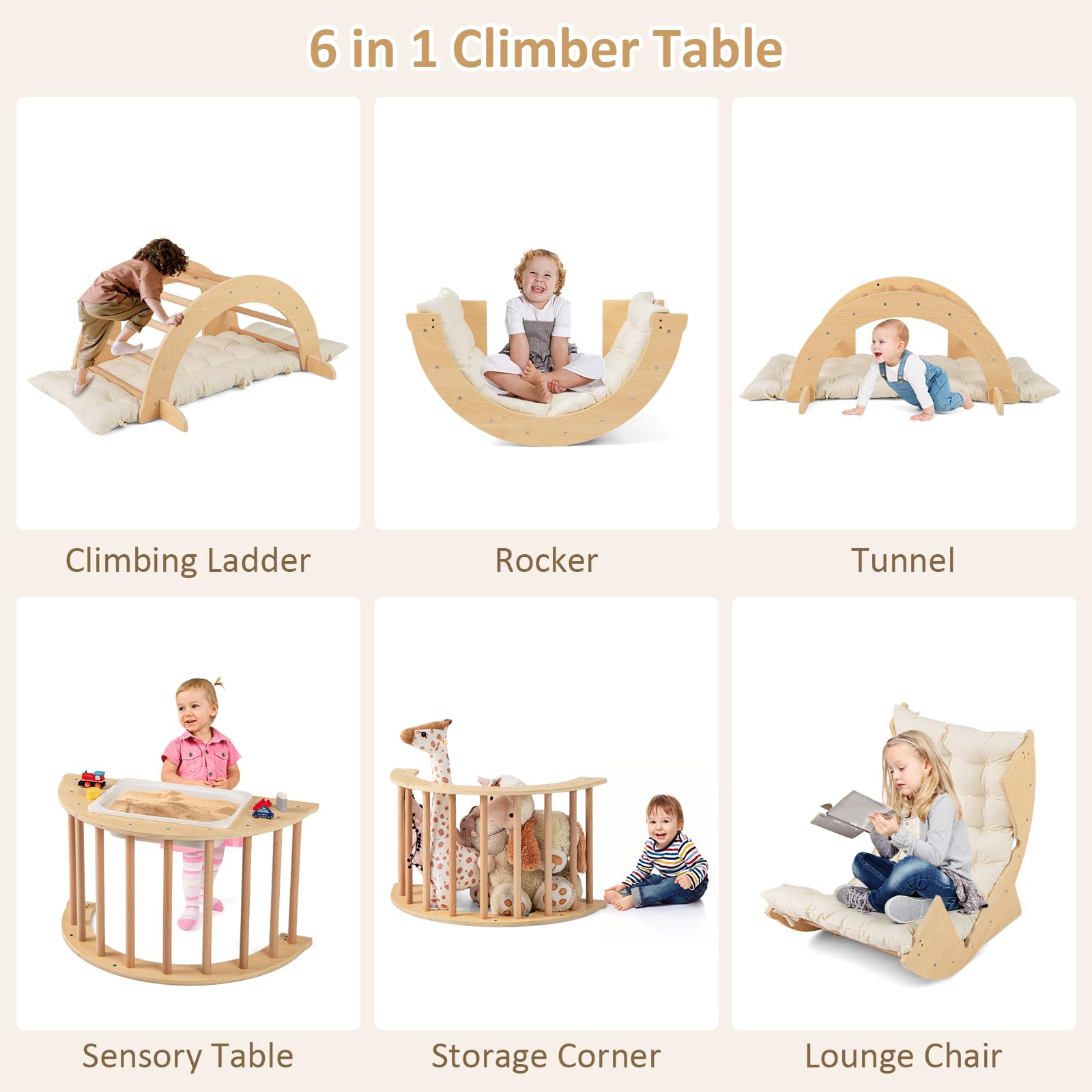 INFANS Wooden Arch Climber Rocker with Soft Cushion, 6 in 1 Montessori Climbing Toys for Toddlers, Gym Playset Gift for Kids