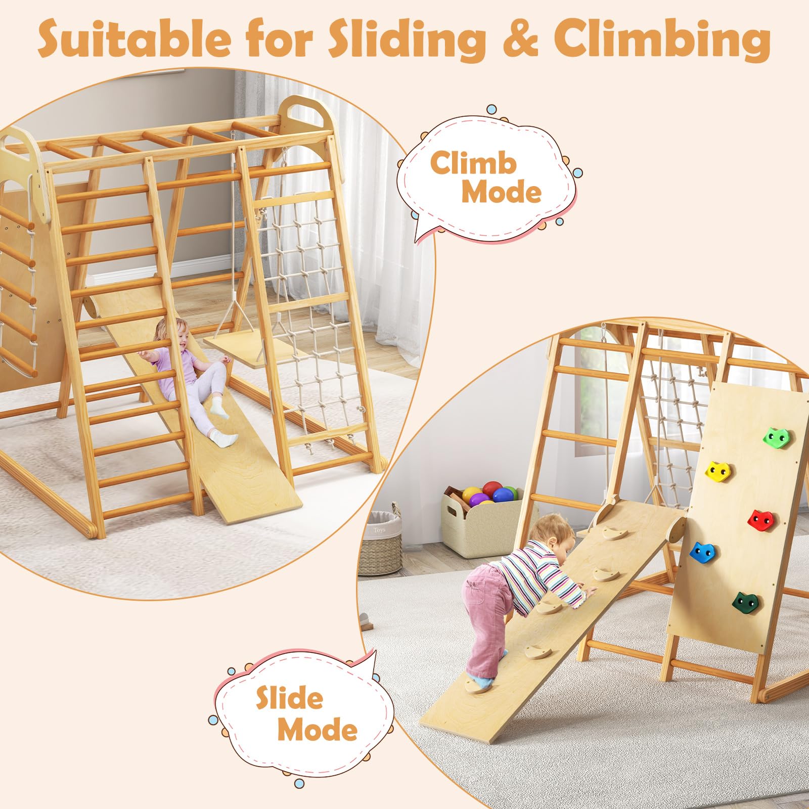 INFANS 8 in 1 Climbing Toys for Toddlers, Kids Wood Montessori Climber Playset, Indoor Playground Jungle Gym