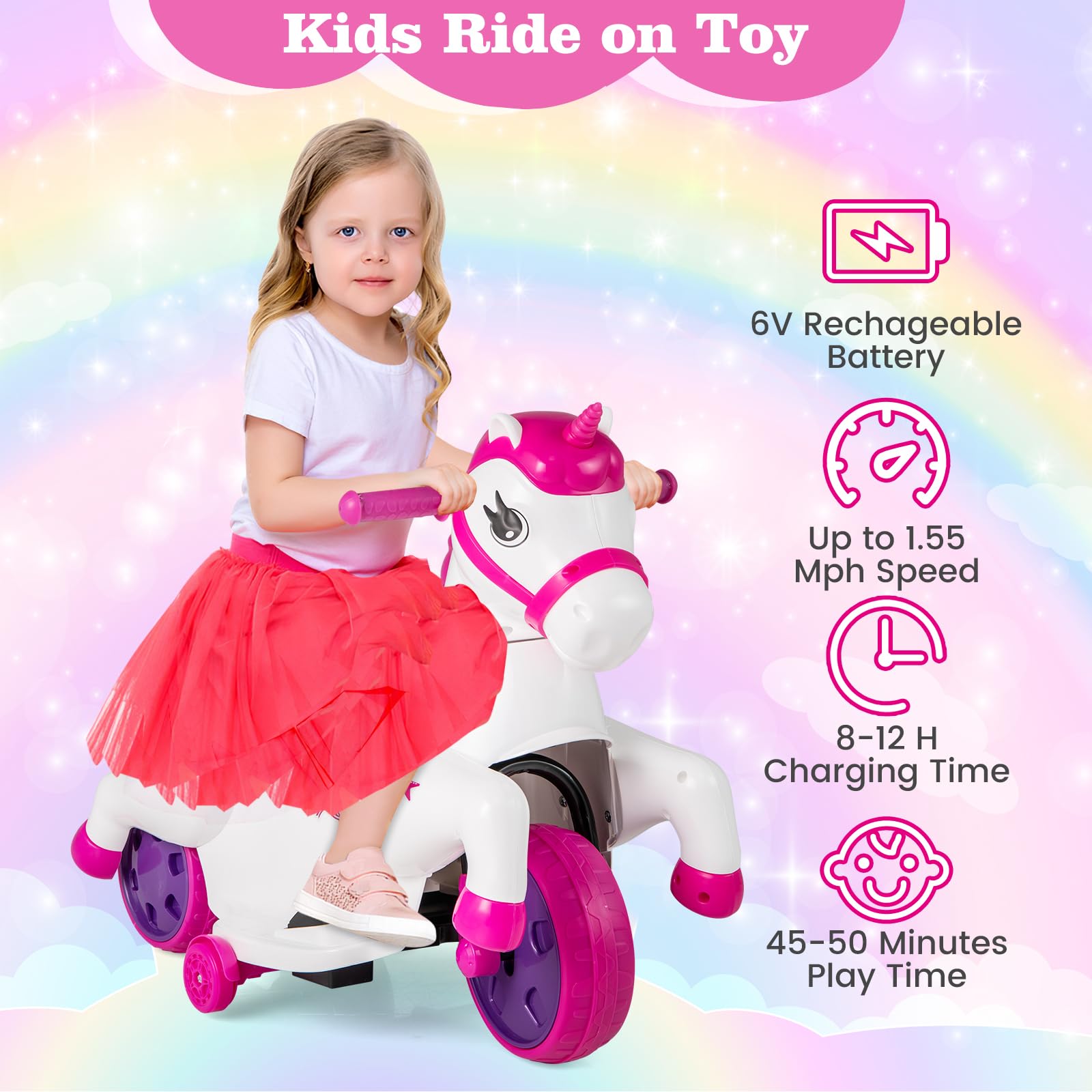 INFANS 2 in 1 Ride on Motorcycle and Horse, Unicorn 6V Battery Powered Ride on Toy with Up & Down Function, Kids Electric Vehicle