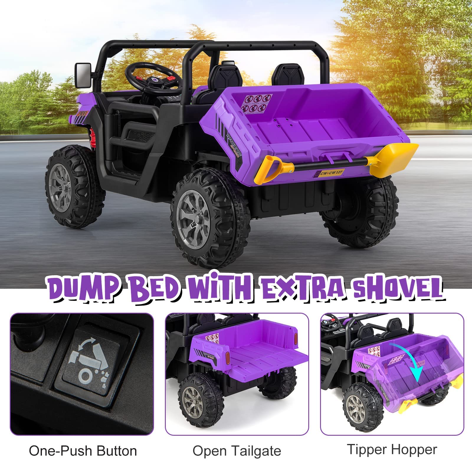 INFANS 2 Seater Ride on UTV, 12V Kids Electric Vehicle Dump Truck, Toddlers Battery Powered Car with Music