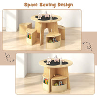 INFANS Toddler Table and Chair Set with 4 Storage Stools, Wooden Flower Shaped Nesting Table with Blackboard Drawers