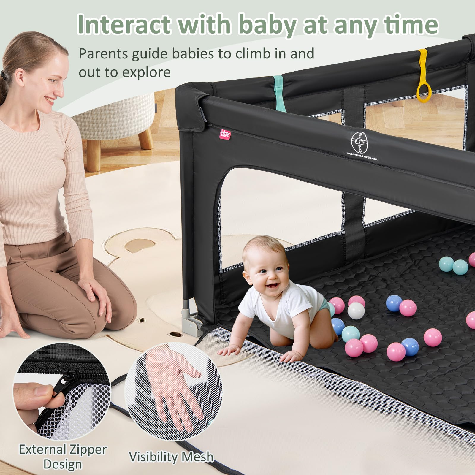 INFANS Foldable Baby Playpen with Mat, Large Baby Play Yard with 50 Ocean Balls, Fence Toddler Activity Center