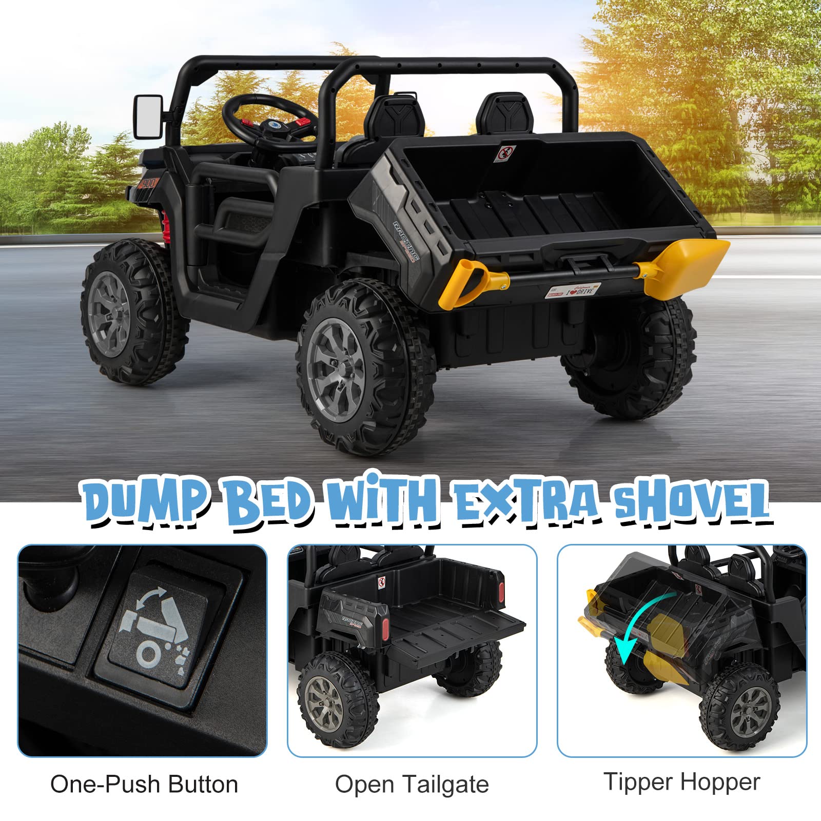 INFANS 2 Seater Ride on UTV, 12V Kids Electric Vehicle Dump Truck, Toddlers Battery Powered Car with Music