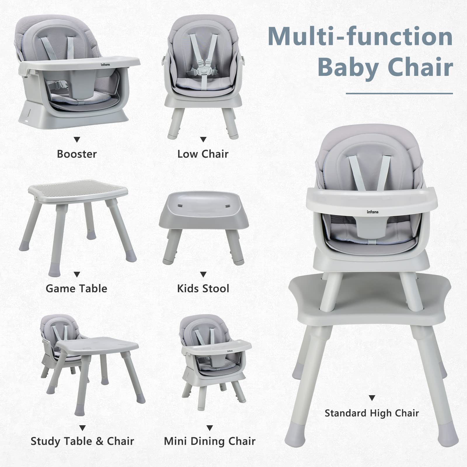 INFANS 8 in 1 Baby High Chair, Convertible Highchair for Babies and Toddlers, Infant Dining Booster Seat, Kids Stool Table Chair Set