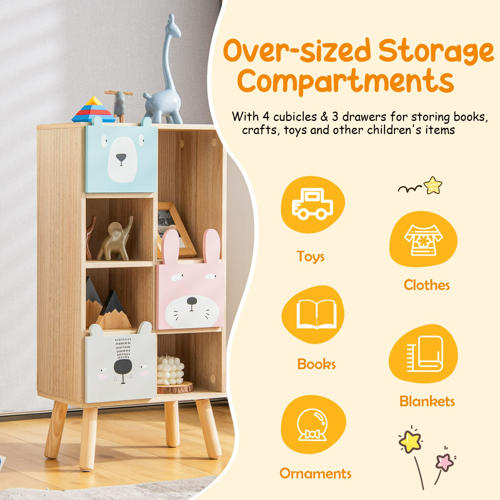 INFANS Kids Bookcase Toy Storage Organizer, Children Storage Cabinet with 3 Slide Drawers and 4 Cubes INFANS