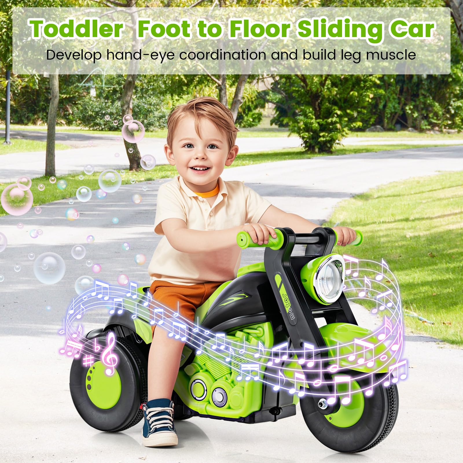 INFANS Ride on Push Car, Foot-to-Floor Sliding Car for Toddlers Kids Motorcycle with Bubble Maker, 3 Wheels Ride on Toys