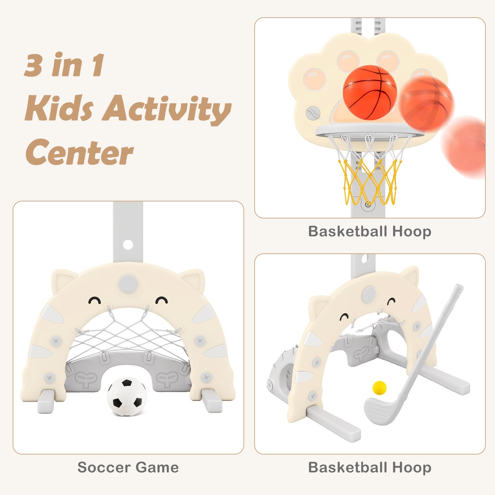 INFANS Toddler Basketball Hoop, 3 in 1 Height Adjustable Kids Sports Activity Center Indoor with Soccer Goal Golf Ball and Club