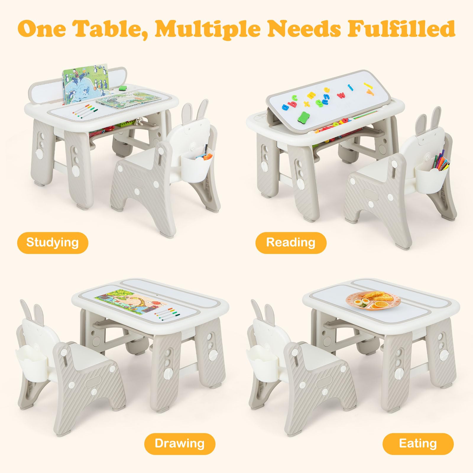 INFANS Kids Table and Chair Set, Activity Table with Magnetic Drawing Board Adjustable Height, Toddler Plastic Furniture Table
