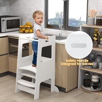 INFANS Toddler Standing Tower, Kids Montessori Kitchen Step Stool Helper with 2 Adjustable Height Learning Blackboard Safety Rail