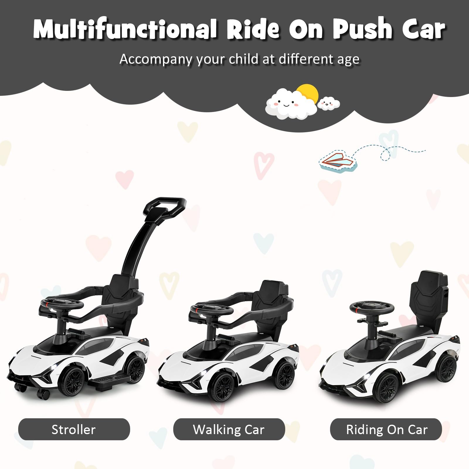 INFANS 3 in 1 Ride on Push Car, Licensed Lamborghini Baby Stroller Sliding Walking Car with Push Handle