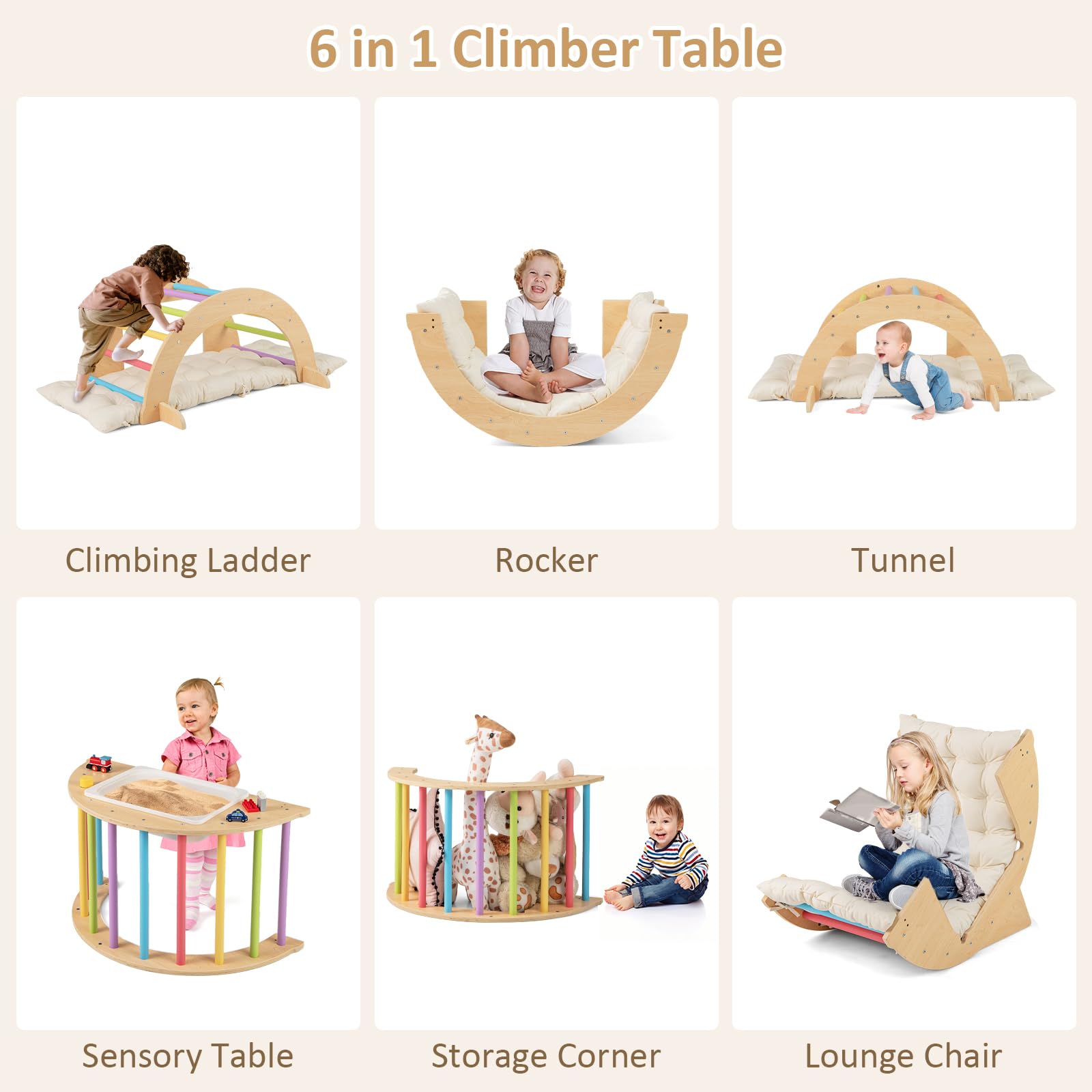 INFANS Wooden Arch Climber Rocker with Soft Cushion, 6 in 1 Montessori Climbing Toys for Toddlers, Gym Playset Gift for Kids