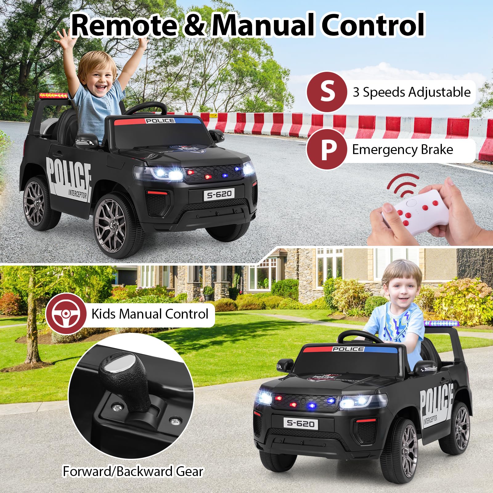 INFANS Ride on Police Car, 12V Kids Battery Powered Electric Vehicle with Siren, Flashing Lights, Bluetooth, Power Display