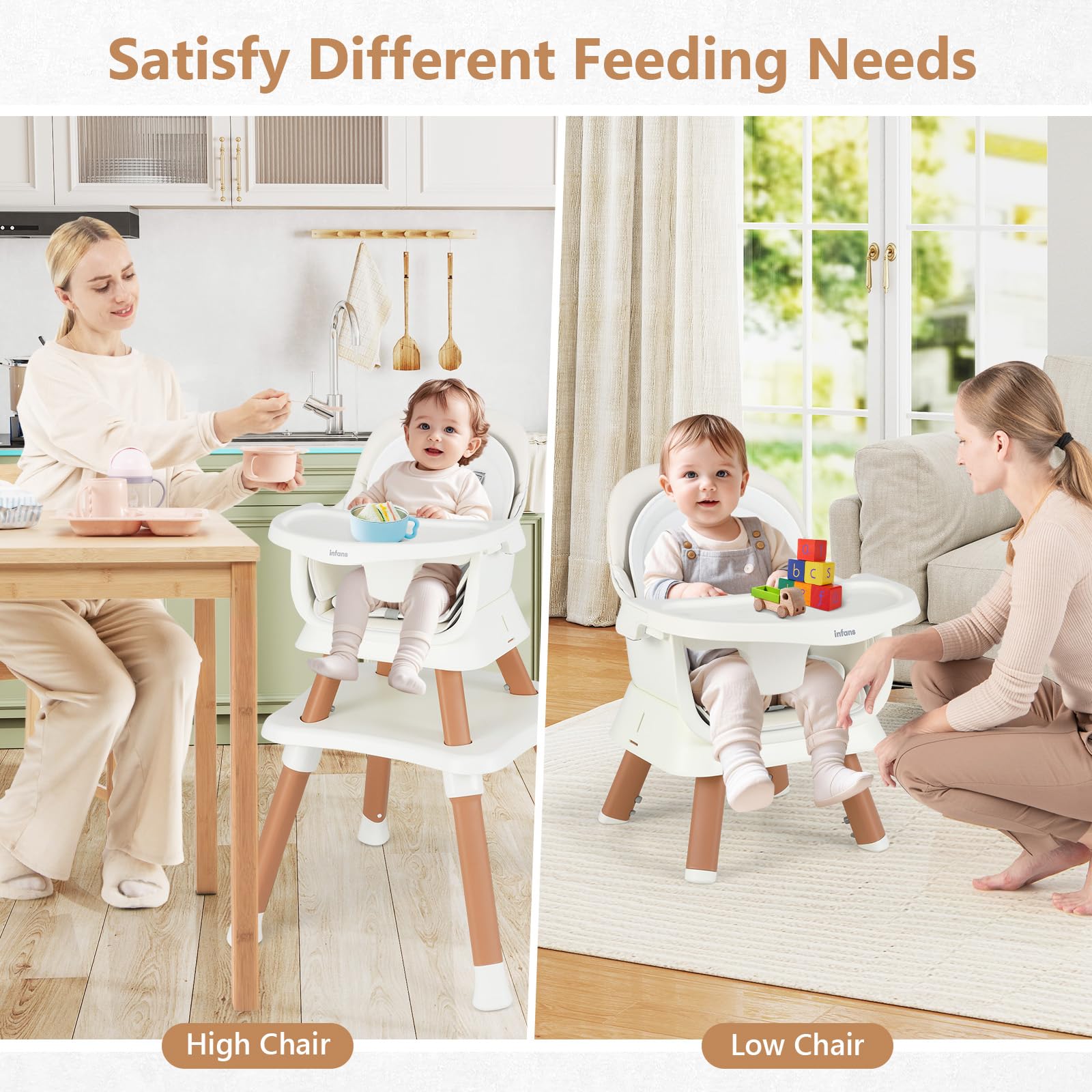 INFANS 8 in 1 Baby High Chair, Convertible Highchair for Babies and Toddlers, Infant Dining Booster Seat, Kids Stool Table Chair Set