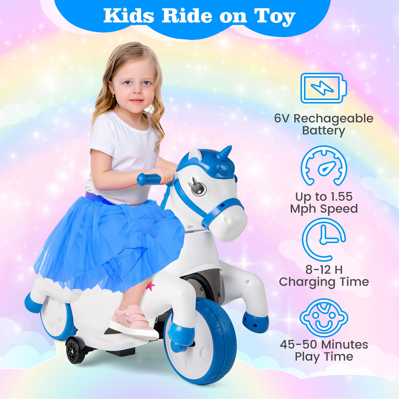 INFANS 2 in 1 Ride on Motorcycle and Horse, Unicorn 6V Battery Powered Ride on Toy with Up & Down Function, Kids Electric Vehicle