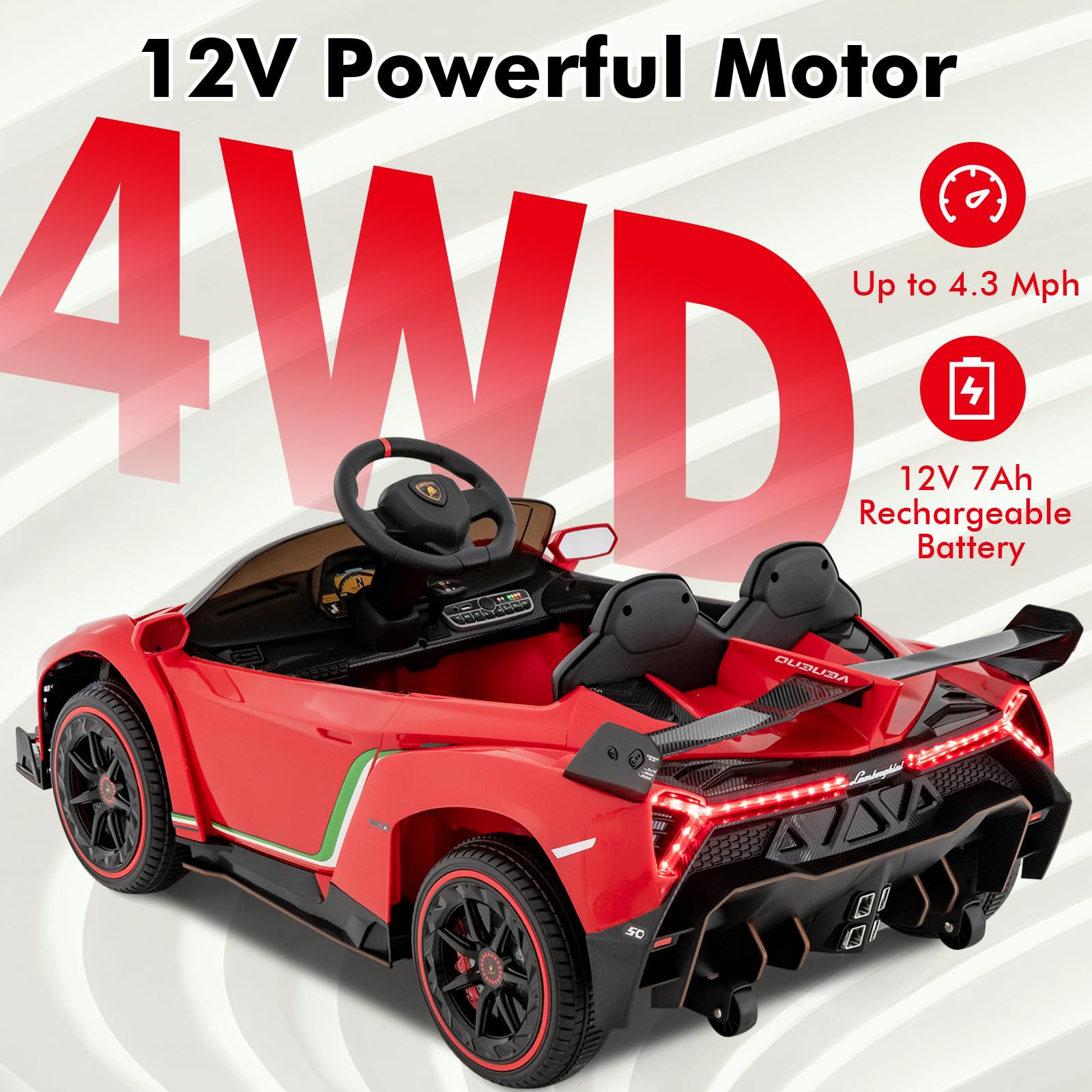 INFANS 2 Seater Kids Ride on Car, 12V 4WD Licensed Lamborghini Veneno Powered Electric Vehicle with Rocking Mode, Remote Control