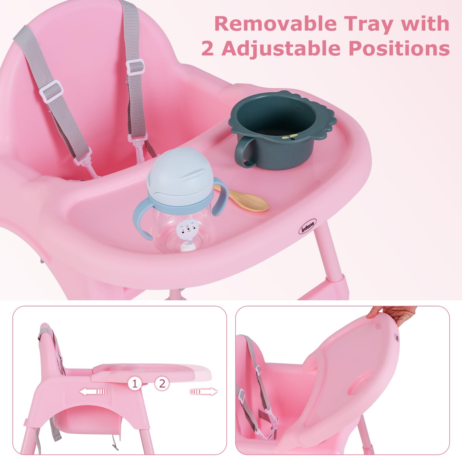 INFANS 4 in 1 Baby High Chair, Convertible Highchair for Babies and Toddlers, Infant Feeding Highchairs with Removable Tray Adjustable Footrest