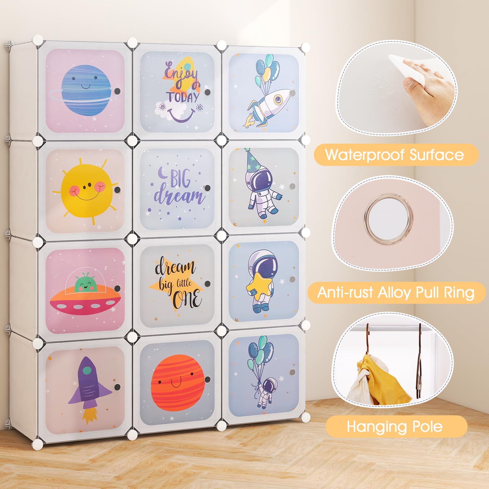 INFANS Children Wardrobe, Cute for Kids Bedroom Nursery Armoire with 12 Cube, Kid Clothes Storage Organizer