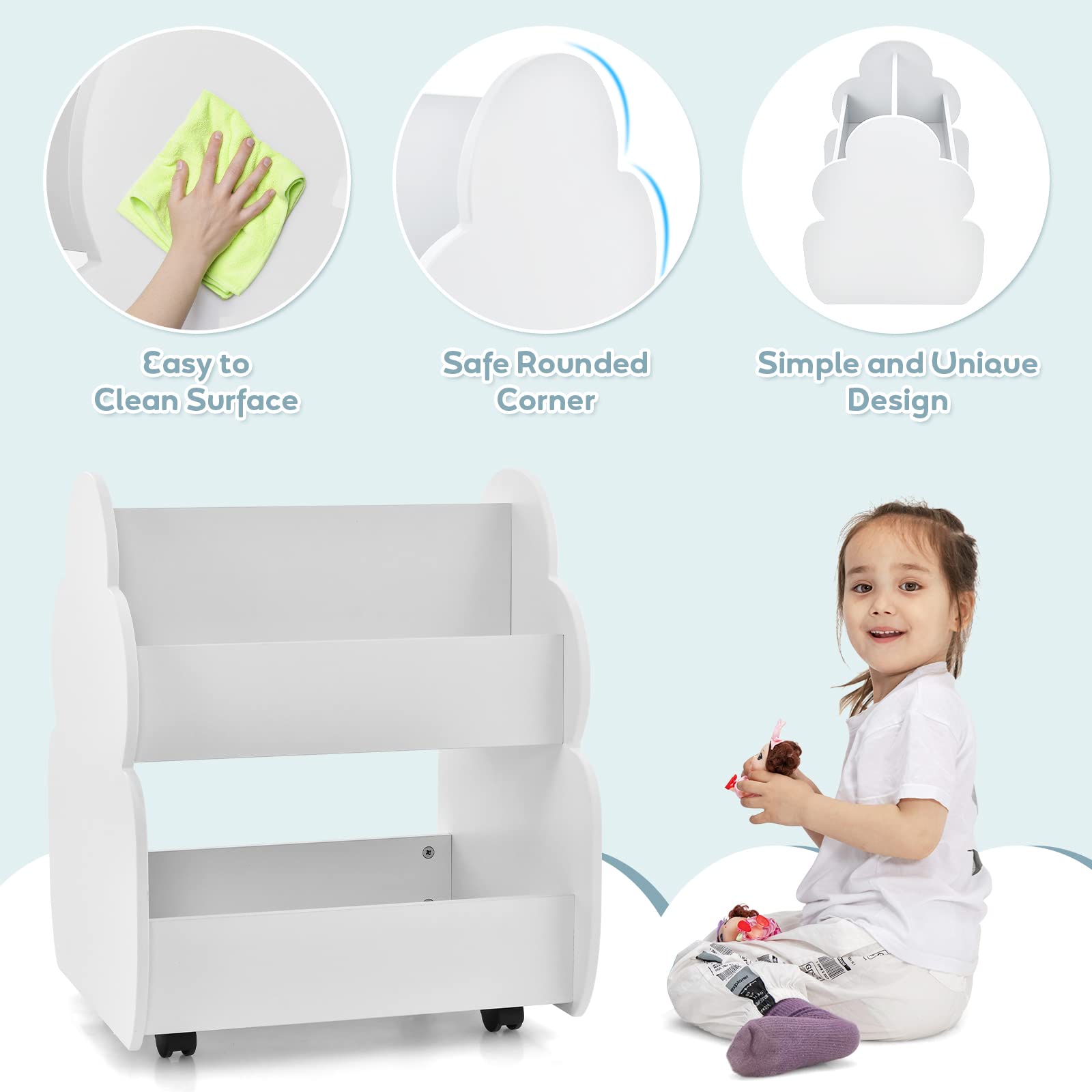 INFANS Kids Bookshelf with Wheels, Wooden Bookcase Toy Storage Cabinet Organizer Holder