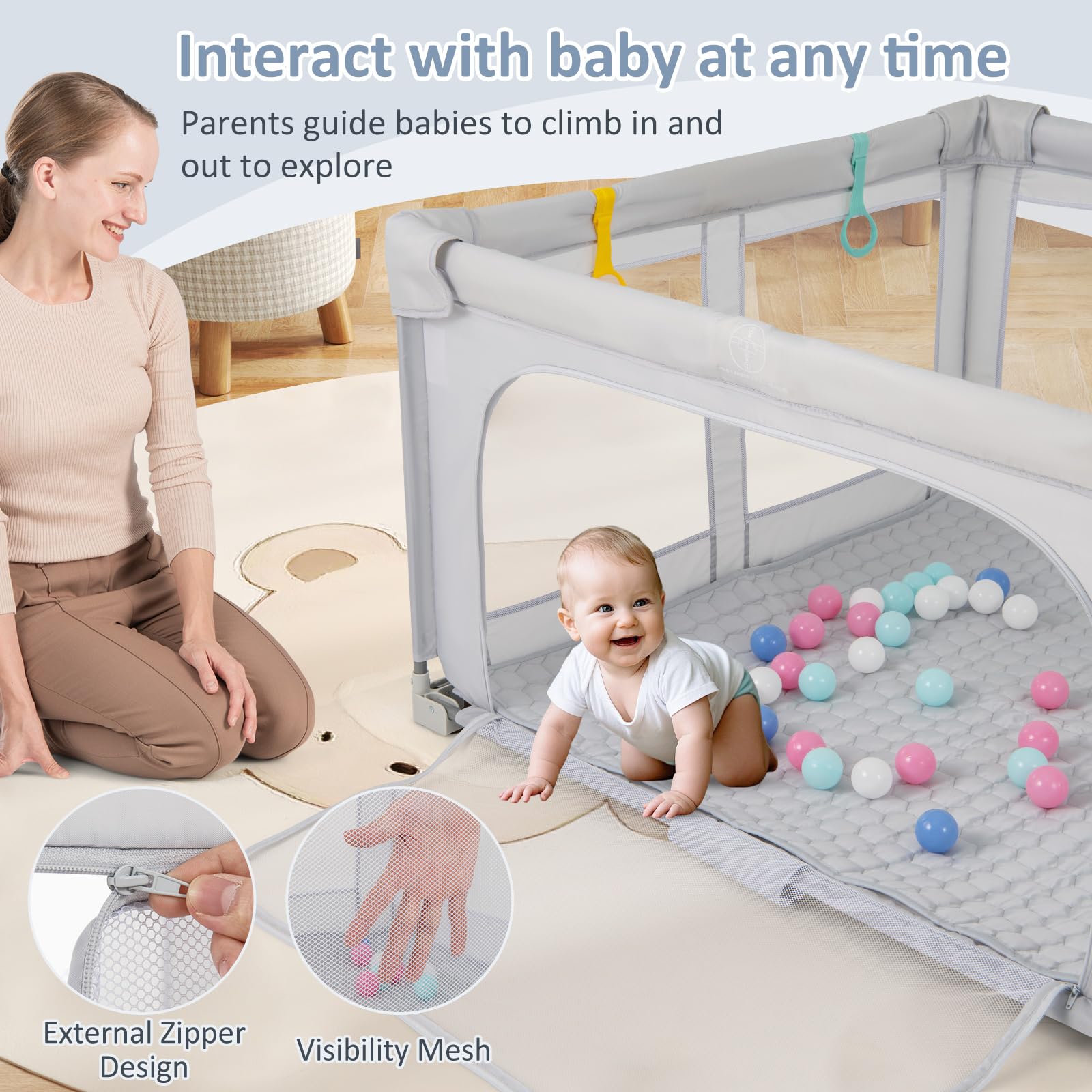 INFANS Foldable Baby Playpen with Mat, Large Baby Play Yard for Infant with 50 Ocean Balls, Fence Toddler Activity Center