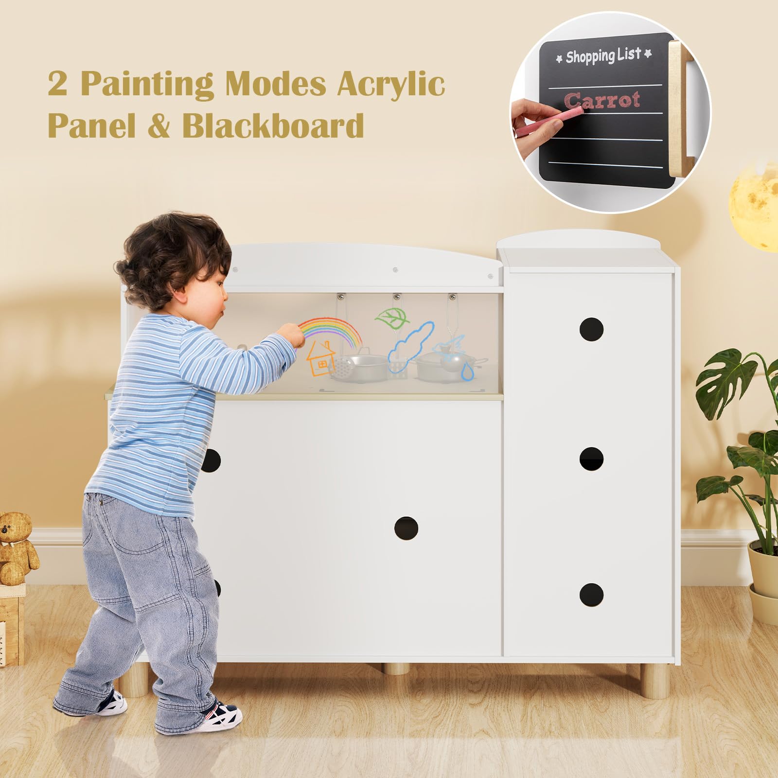INFANS Kids Kitchen Playset, Toddler Wooden Pretend Cooking Toy Set with Acrylic Drawing Board Ice Machine Dishwasher