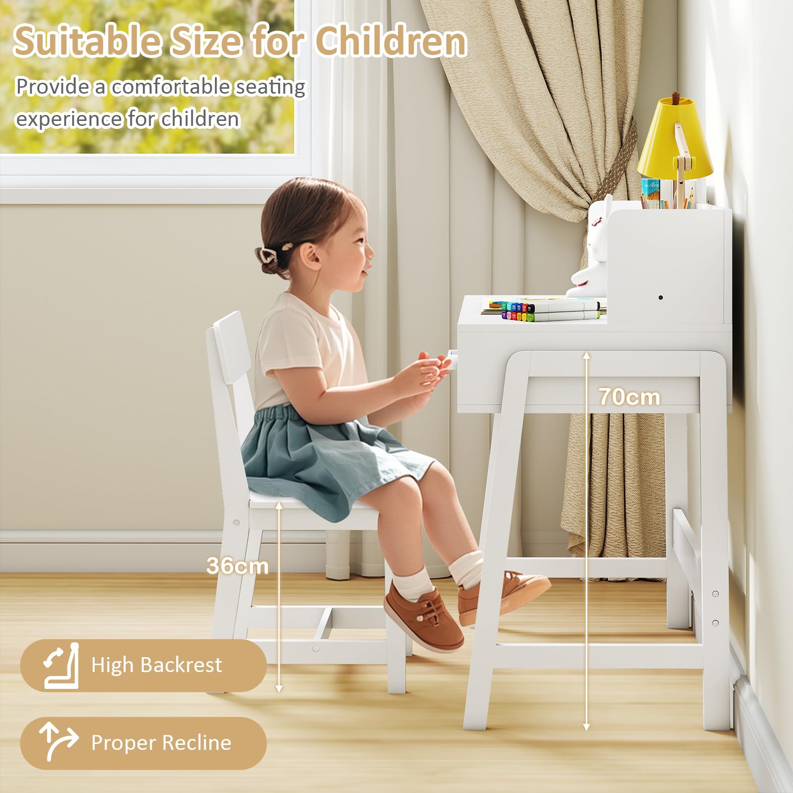 INFANS Table and Chair Set, Toddler Wooden Student Study Desk with Chair Storage Hutch Compartments Drawers