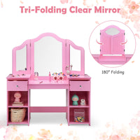 INFANS Kids Vanity, 2 in 1 Princess Makeup Desk and Chair Set with Drawers Tri-Folding Detachable Mirror Large Storage Shelves