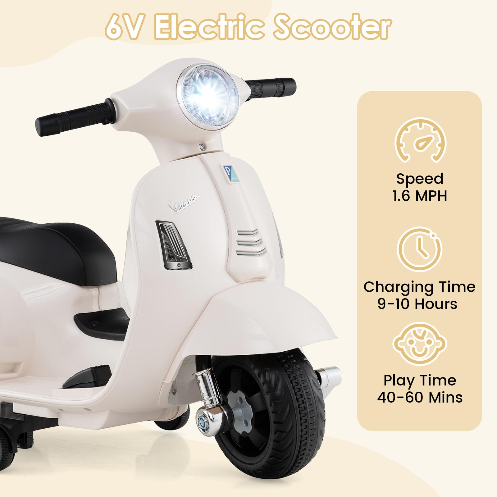 INFANS Licensed Vespa Kids Motorcycle, 6V Battery Powered Motorbike for Toddlers with Training Wheels, Horn, LED Lights