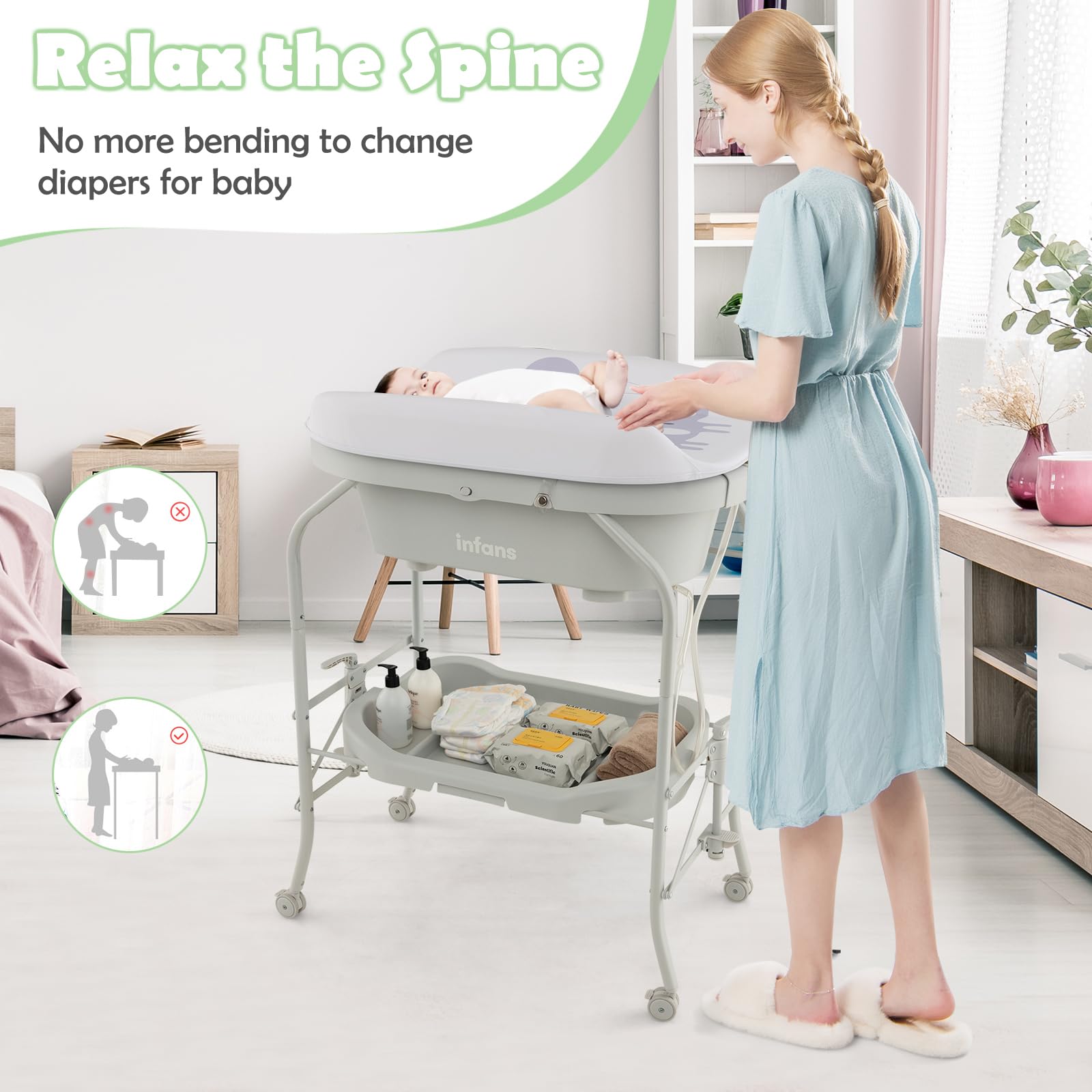 INFANS 2 in 1 Baby Changing Table with Bath Tub Unit, Folding Diaper Dresser Station with Wheels Waterproof Pad