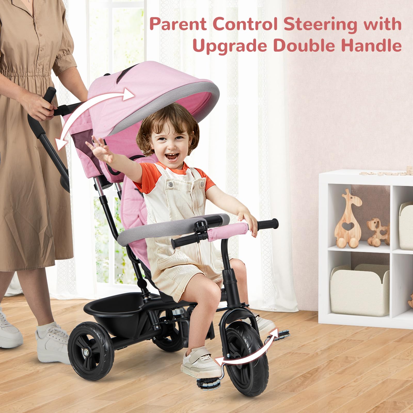 INFANS Kids Tricycle, 6 in 1 Baby Trike Toddler Bike with Reversible Seat, Adjustable Push Handle, Removable Canopy