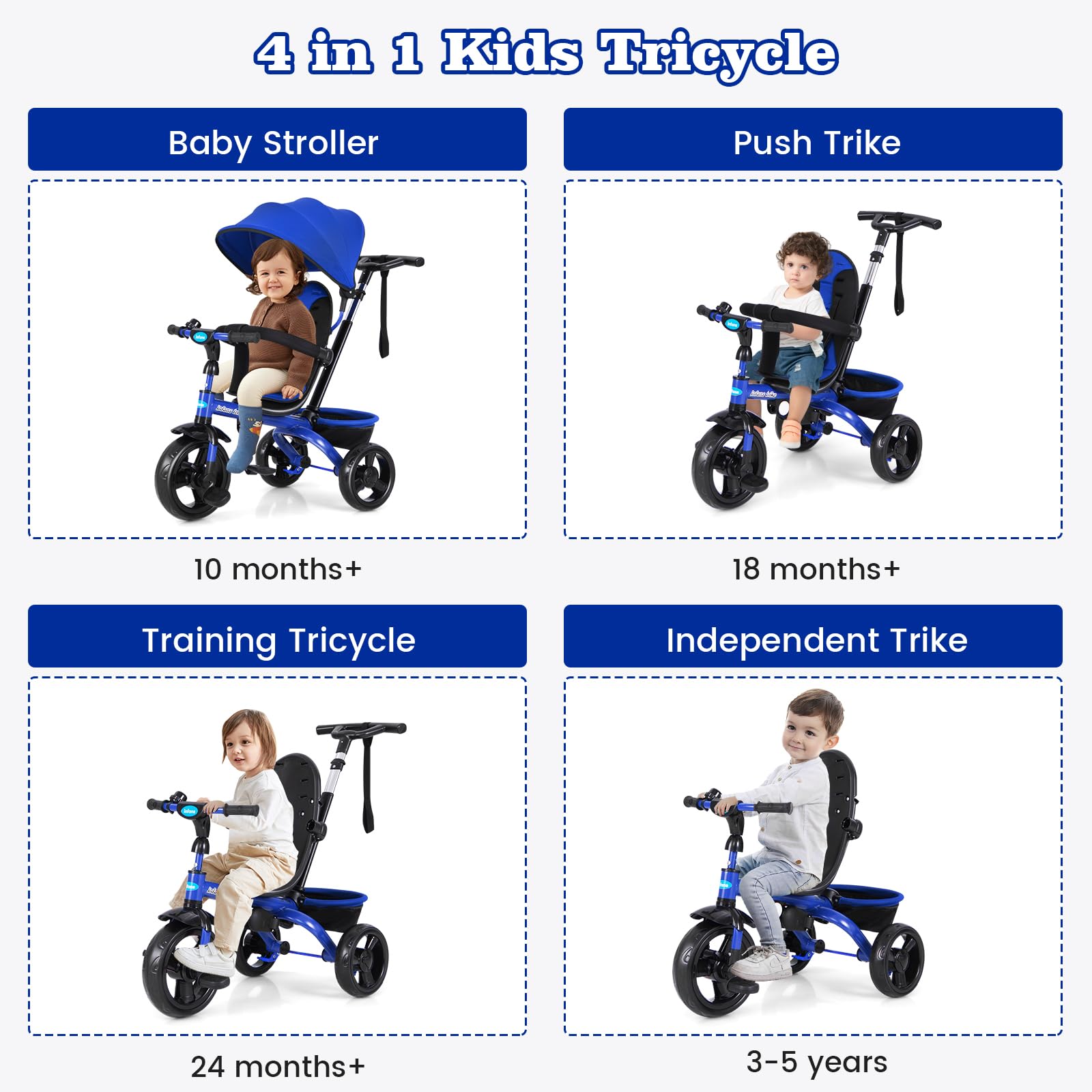 INFANS Kids Tricycle, 4 in 1 Stroll Trike with Adjustable Push Handle, Suitable for 10 Months to 5 Years