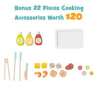 INFANS Kids Grill Playset, Wooden Pretend BBQ Toy Set with 21 Food Accessories, Role Play Kitchen Cooking Set